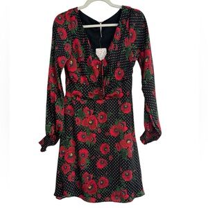 Free People Black and Red Floral Long Sleeve Dress Size 10 NWT
